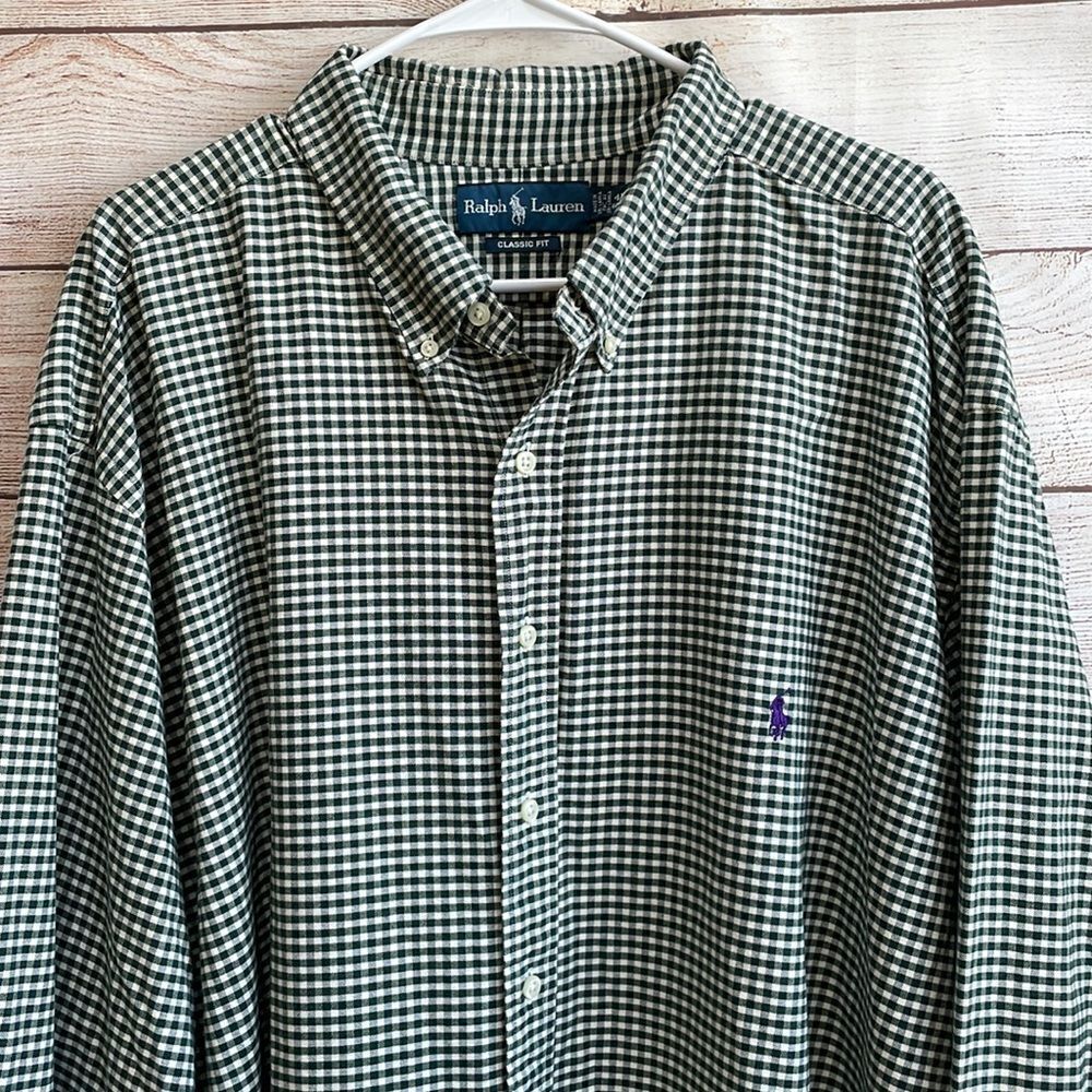 RALPH LAUREN CLASSIC FIT GREEN AND‎ WHITE GINGHAM SHIRT - Picture 2 of 6